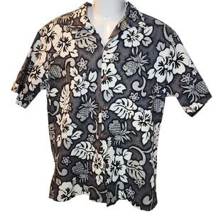 Vintage Howie Hawaiian Shirt Men's L Black White Hibiscus Pineapple Made Hawaii
